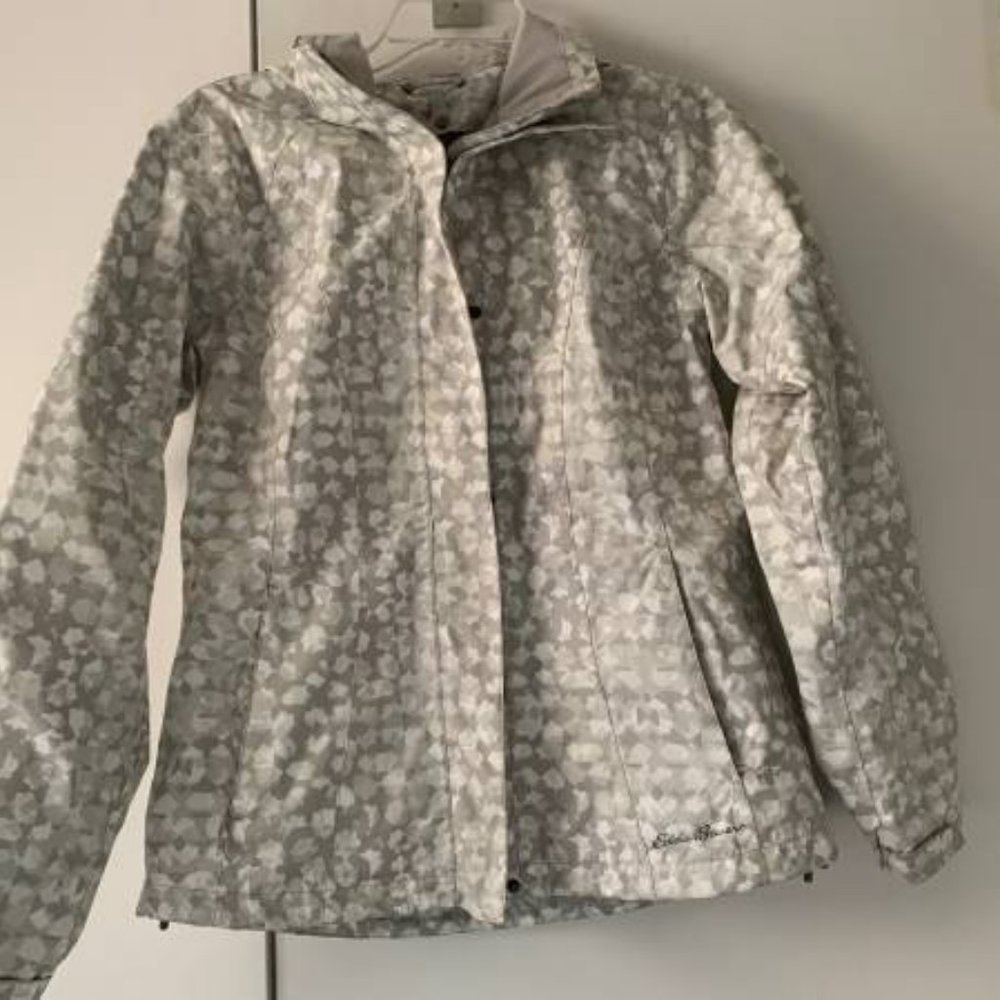 Women's Eddie Bauer Gray/White Print Raincoat Jacket Size XS